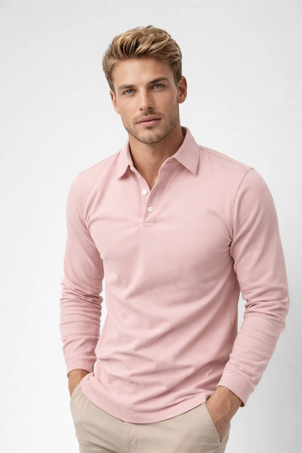 Herre Polo med Lange Ærmer - Klassisk Krave, Slim Fit