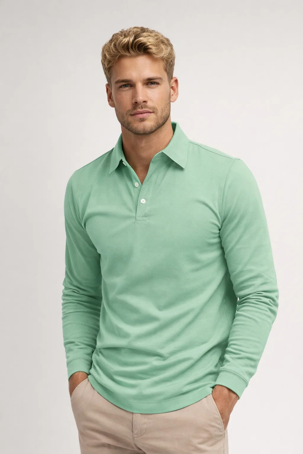 Herre Polo med Lange Ærmer - Klassisk Krave, Slim Fit