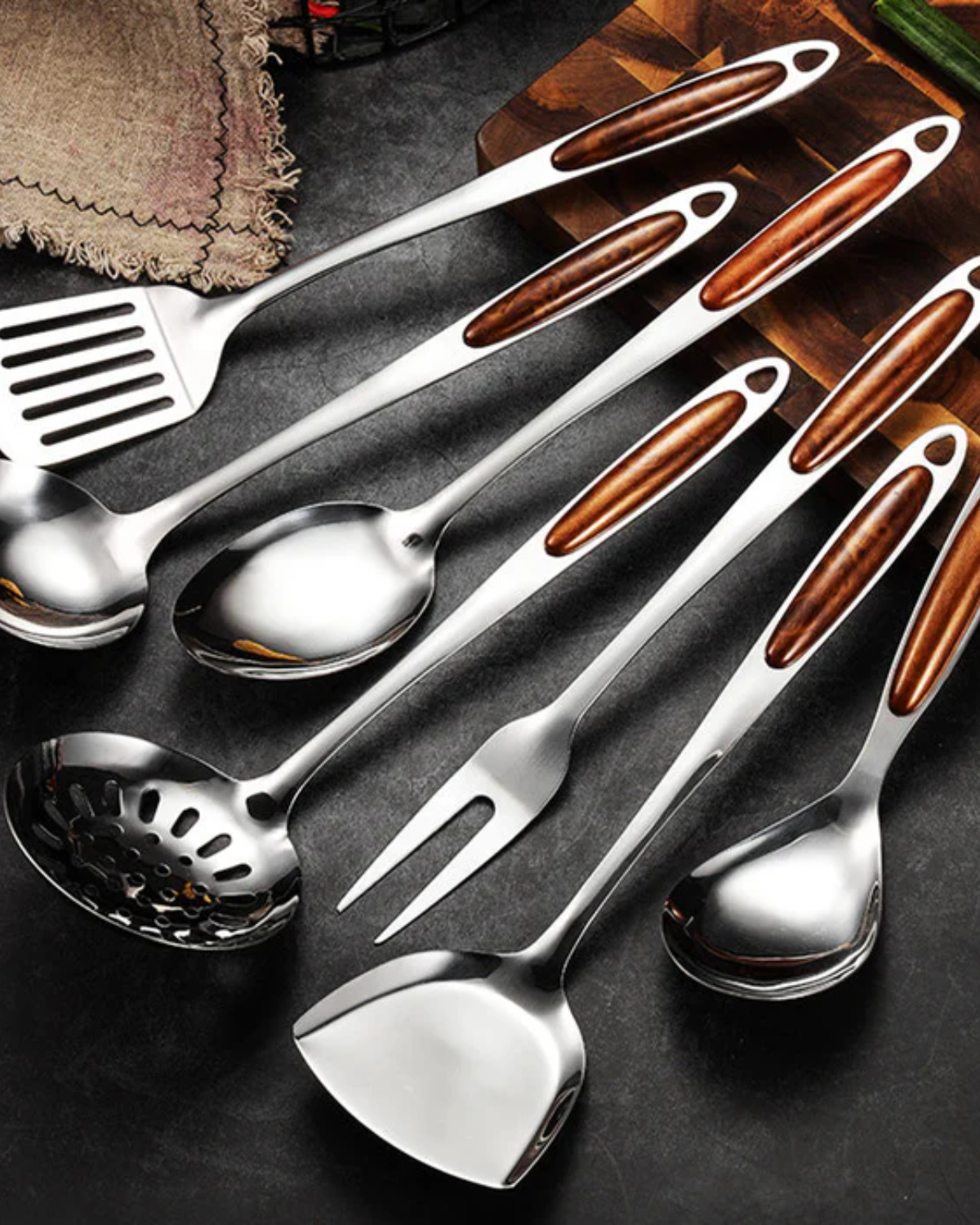 Kitchen Utensil Set – Stainless Steel with Wooden Handle, Elegant Kitchen Accessories for Cooking and Serving