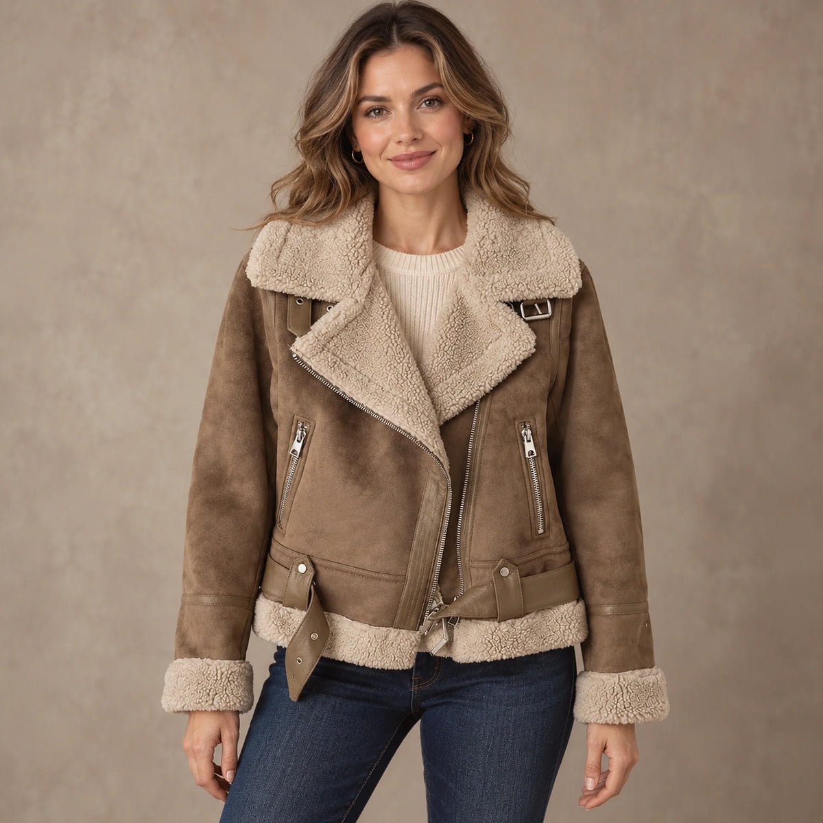 sherpa jacket — Women's Sherpa Lined Biker Jacket — Amira — Brown — complete front view, image