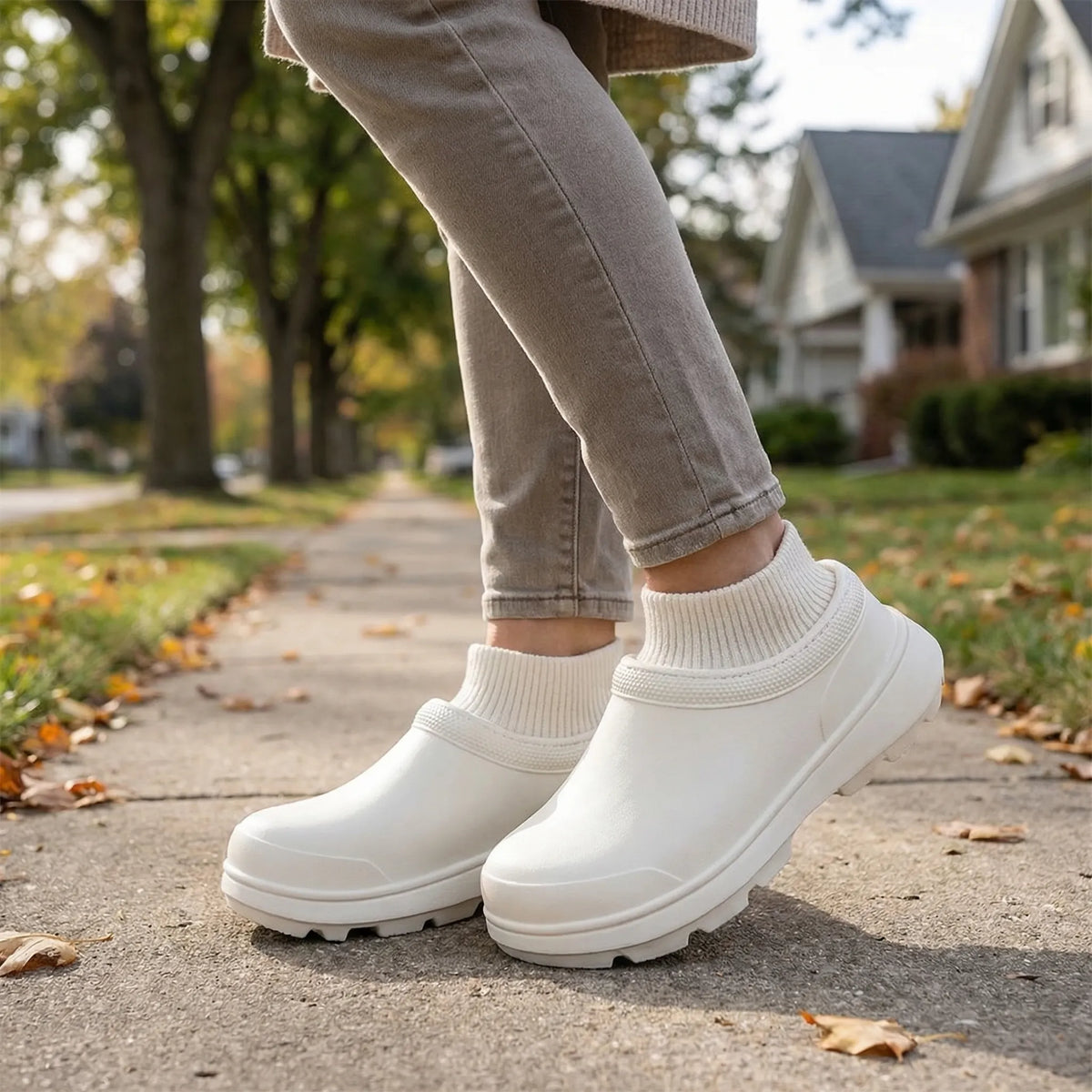 Dame Træsko med Strikket Ankelmanchet - Vandtætte Slip-On Clogs