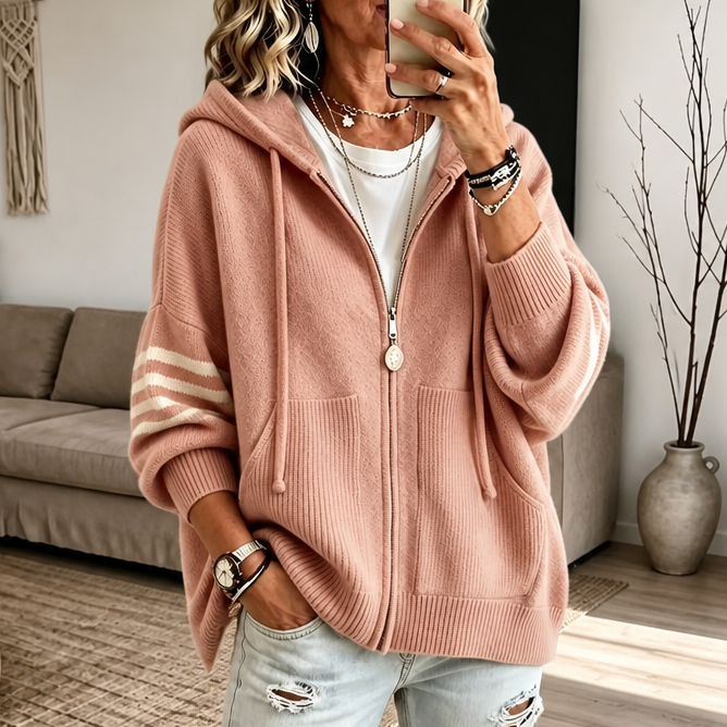 Dame Hoodie med Lynlås – Strikket Drop-Shoulder og Stribede Ærmer