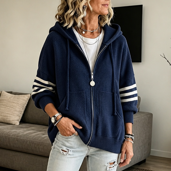Dame Hoodie med Lynlås – Strikket Drop-Shoulder og Stribede Ærmer