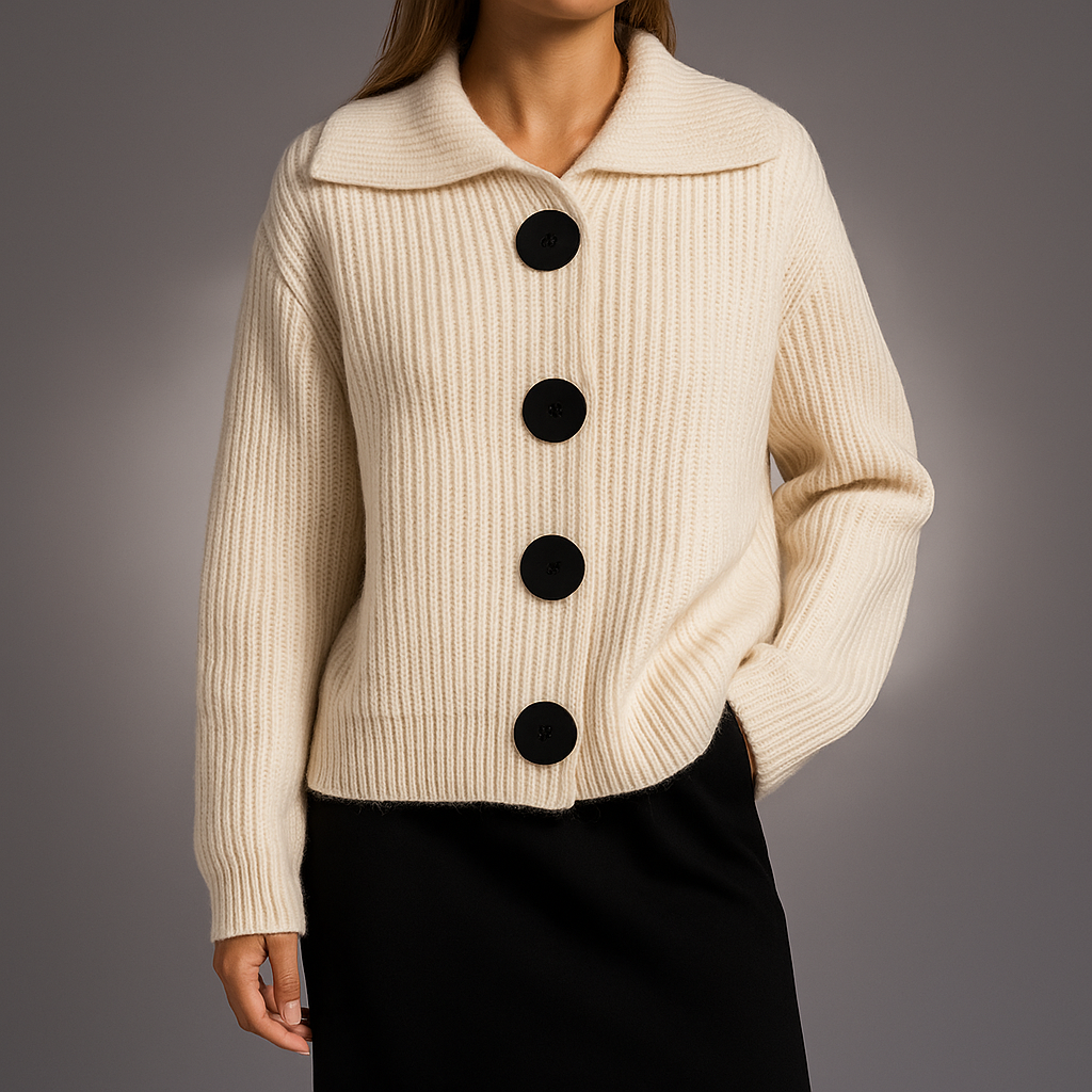 Dame Oversize Cardigan med Store Knapper - Ribstrikket