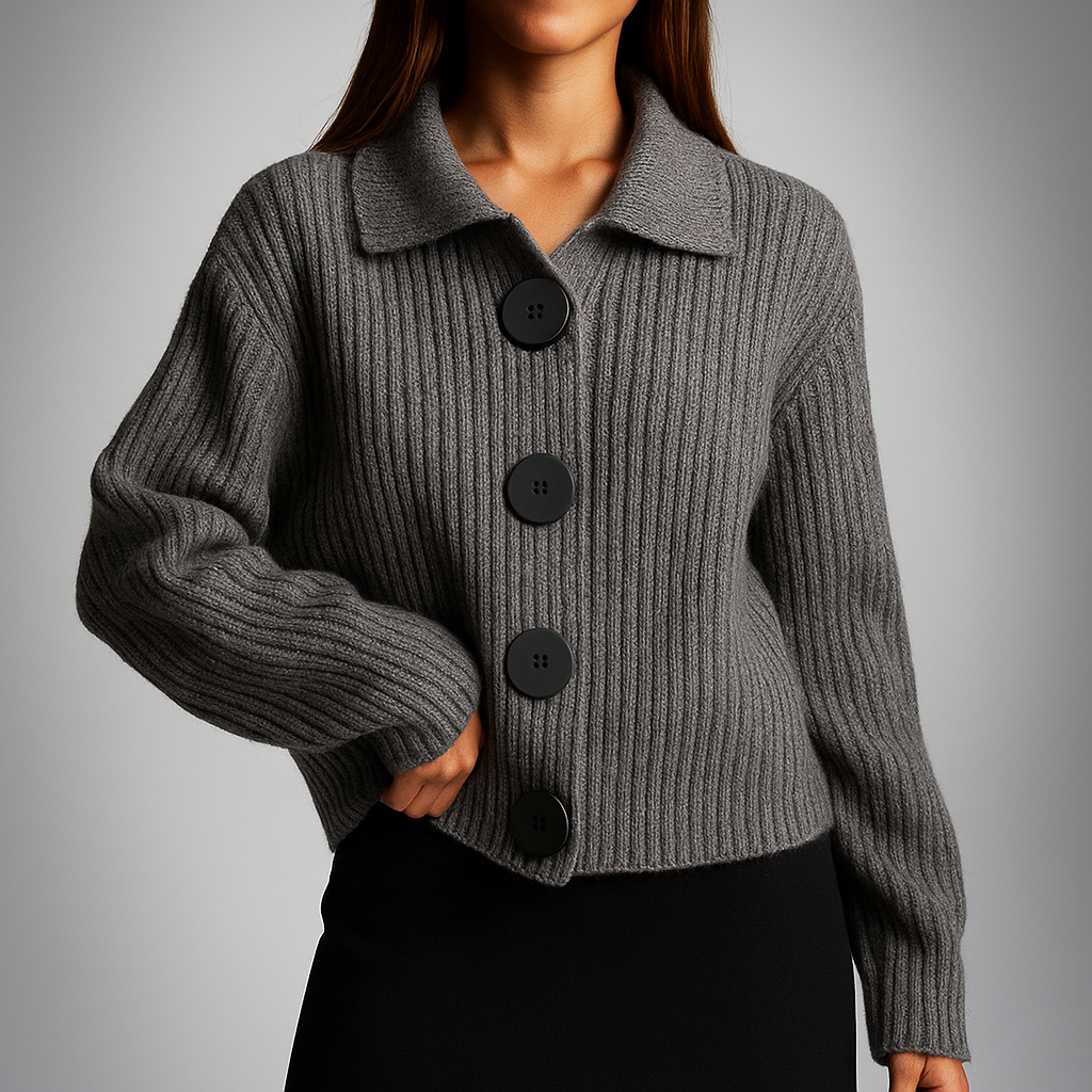 Dame Oversize Cardigan med Store Knapper - Ribstrikket