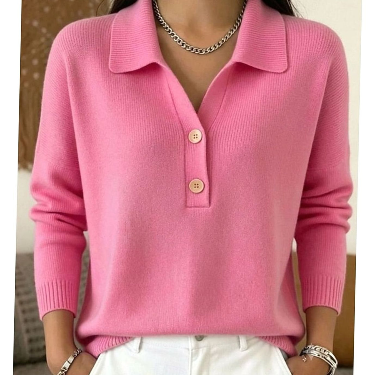 Dame Strikket Pullover med Polokrave og Knapper
