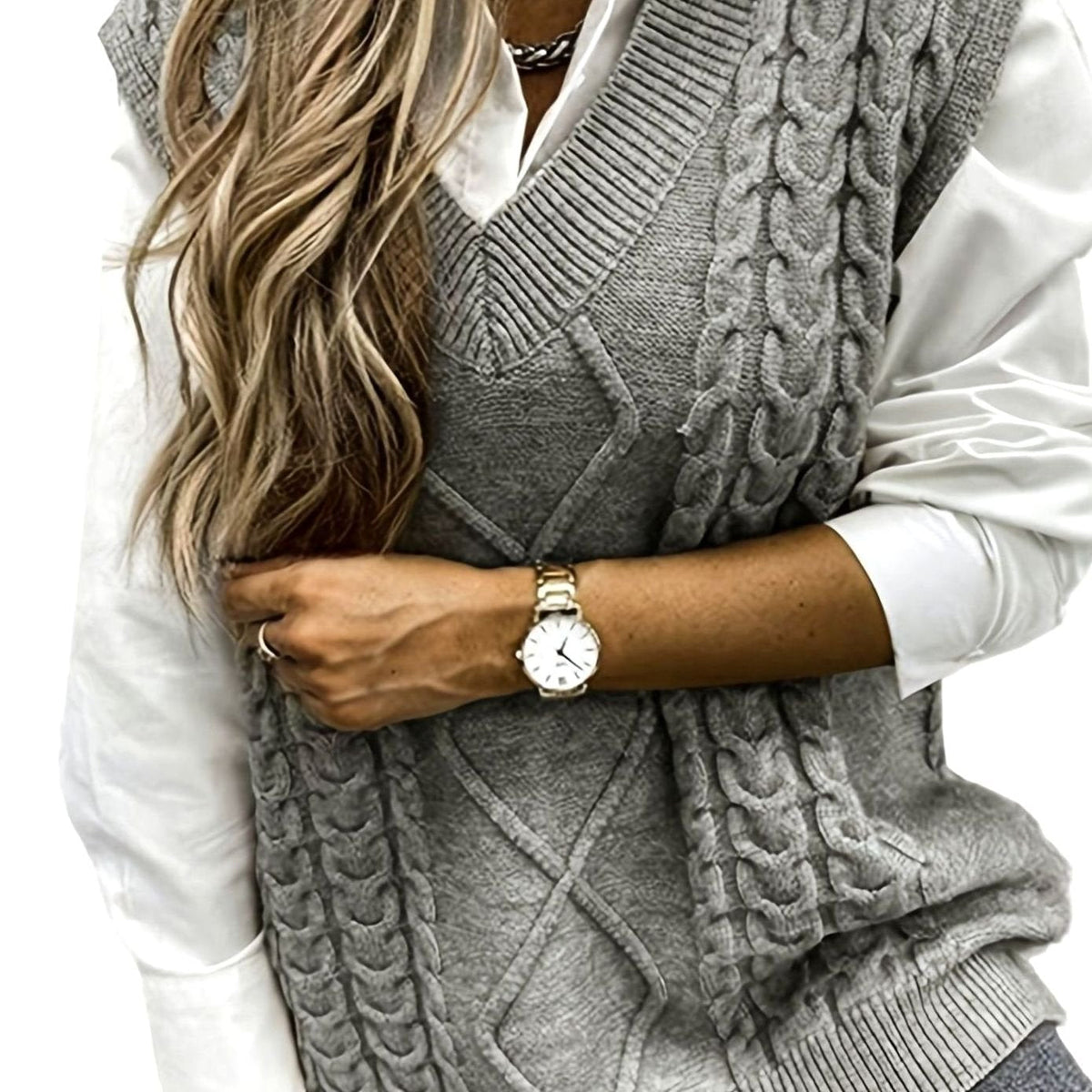 Dame Trøjevest med Cable-Knit Struktur og V-udskæring