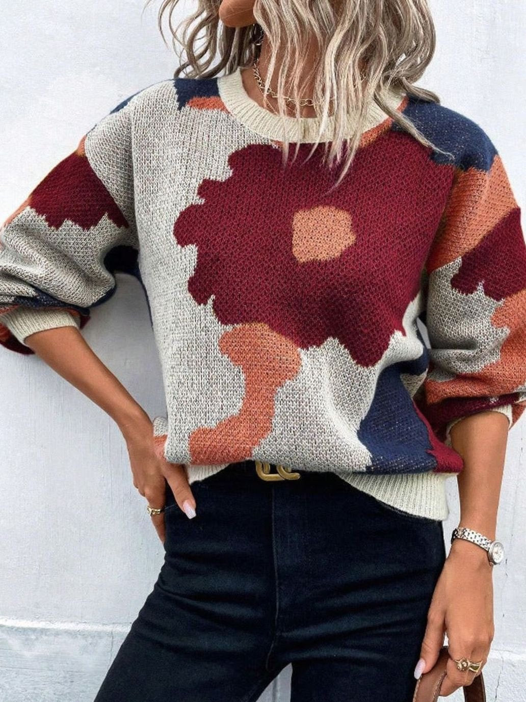 Dame Pullover Blomstret Strik – Løs Pasform