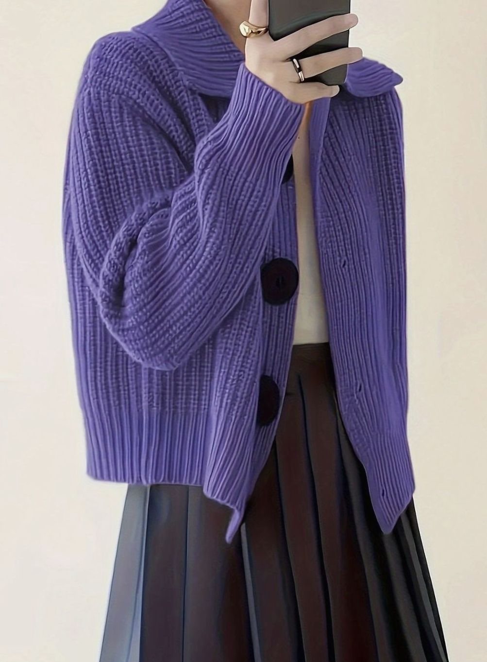 Dame Strikket Sweater Rib med Foldet Krave – Løs Pasform