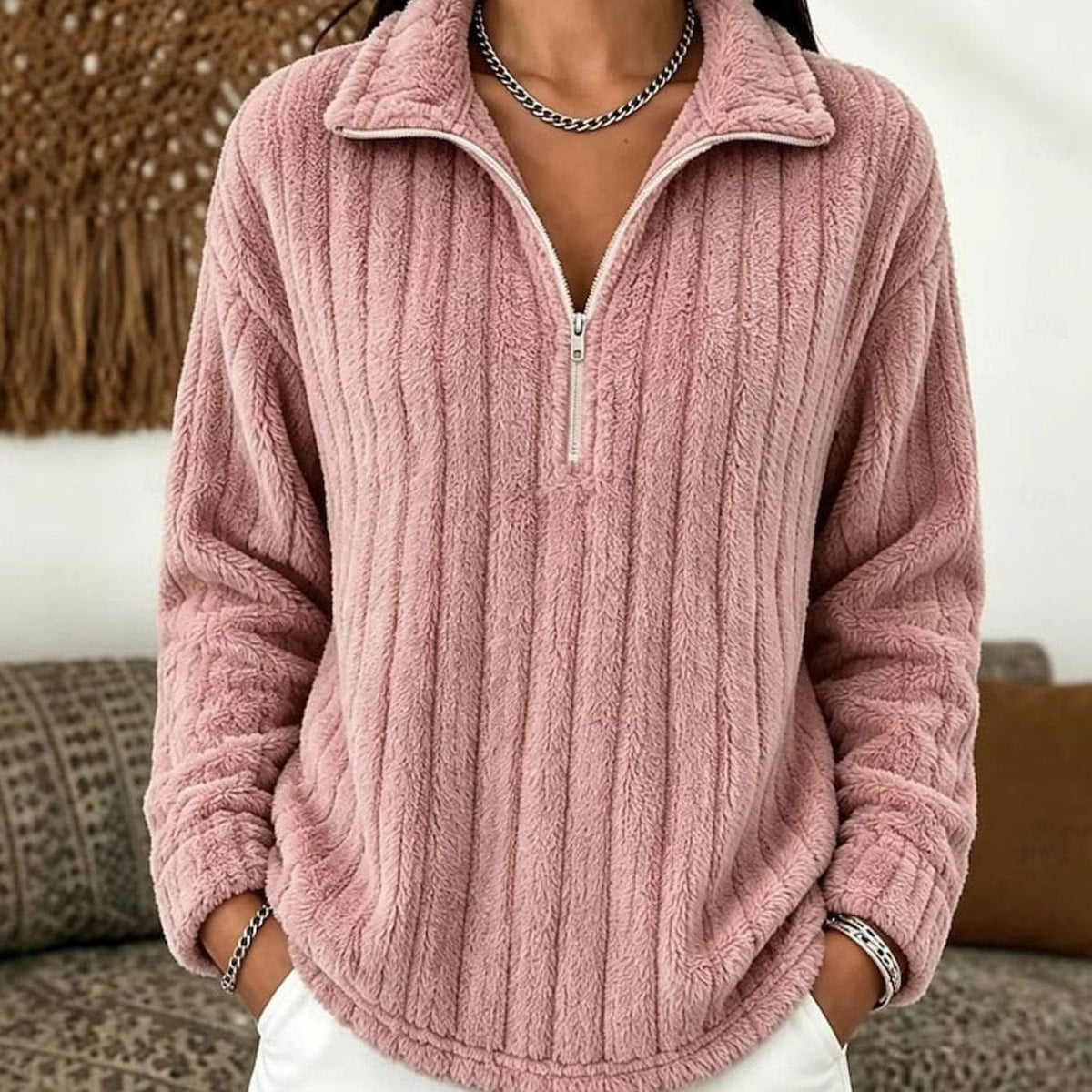 Dame Fleecetrøje med Kort Lynlås – Ribstrikket Pullover