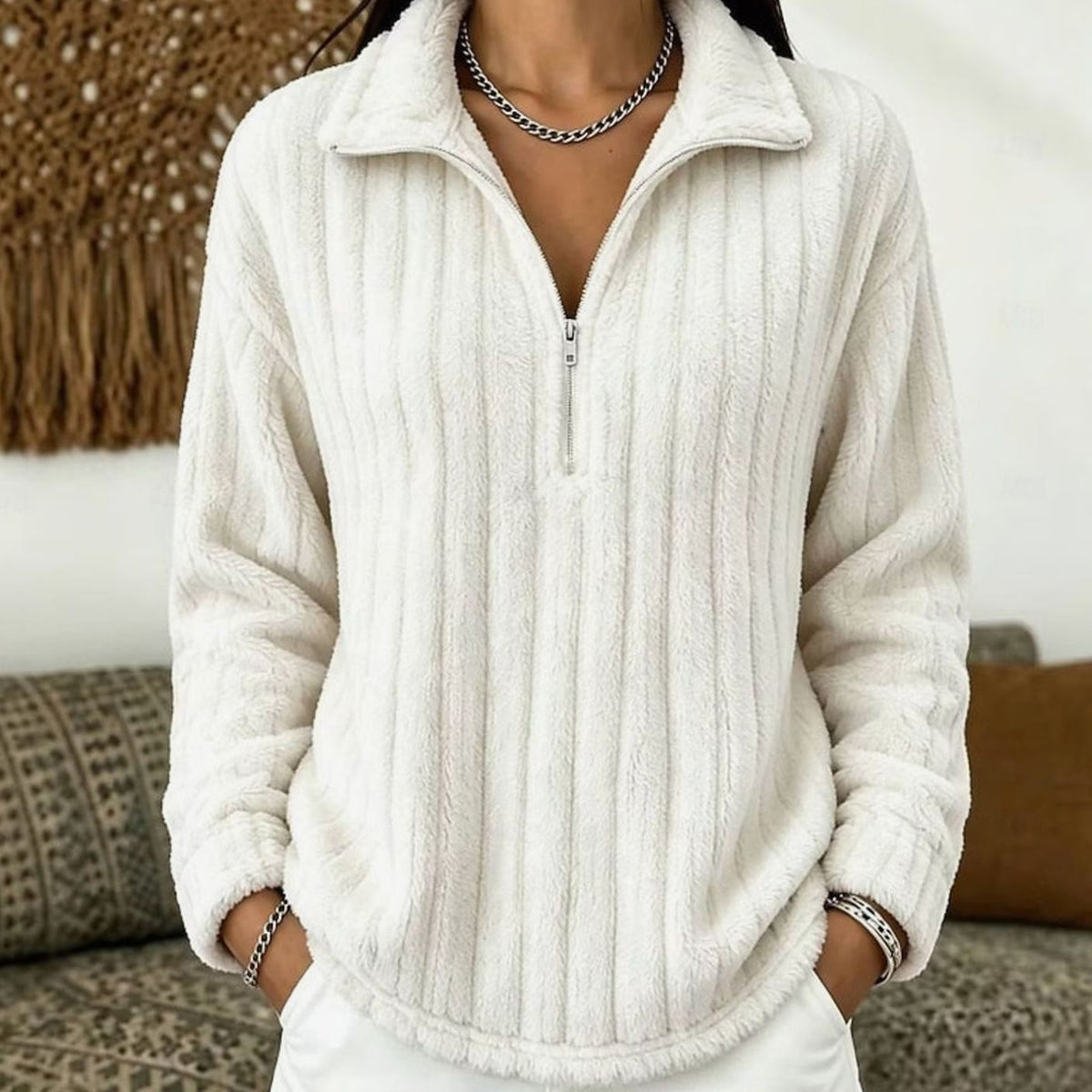 Dame Fleecetrøje med Kort Lynlås – Ribstrikket Pullover