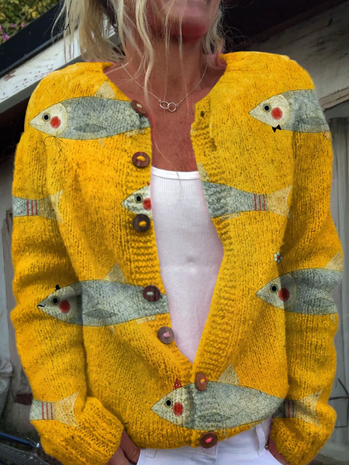 Dame Cardigan med Fiskeprint, Knapper og Ribkanter