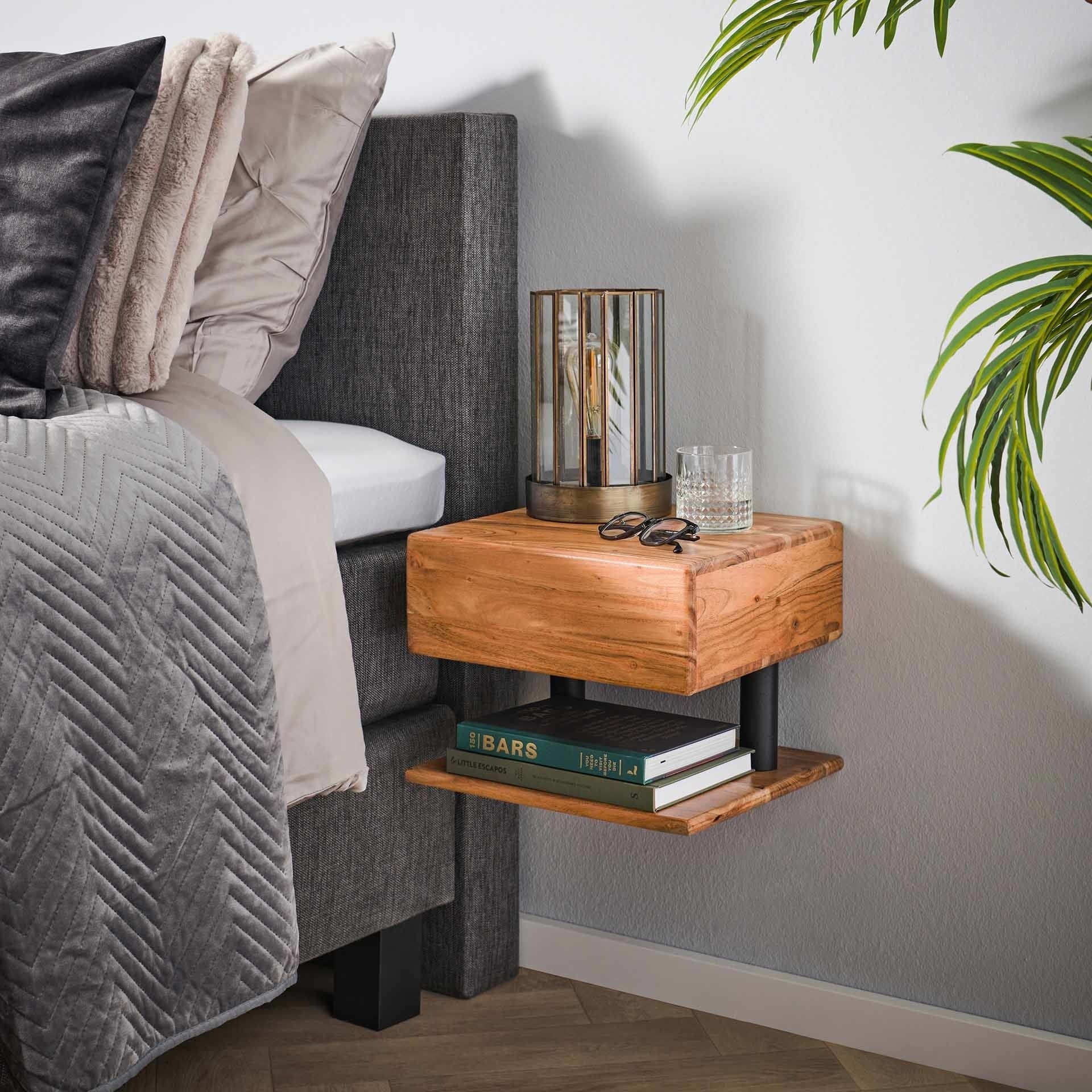 Floating Nightstand – Solid Acacia Wood, Natural Color with drawer and Open Shelf for Bedroom Decor