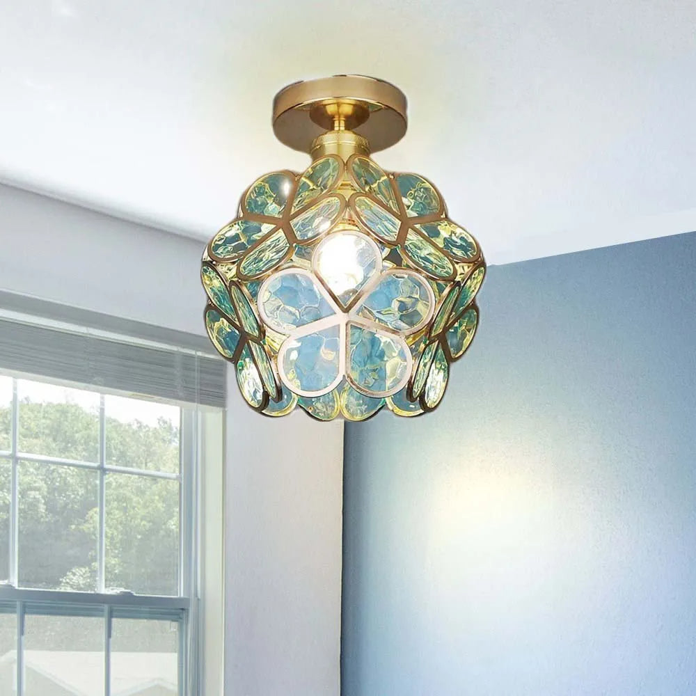 Lámpara de techo – Acrílico dorado con detalles transparentes, con forma de flor, para el dormitorio o el pasillo