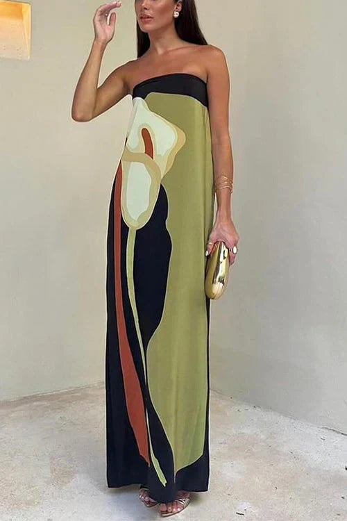 Dame Maxikjole Strapless med Farveblok Print