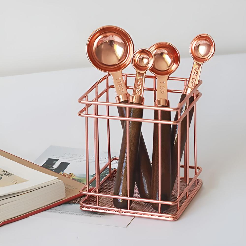 Copper Measuring Set – Stainless Steel with Copper Finish and Walnut Wood Handle for Kitchen or Baking