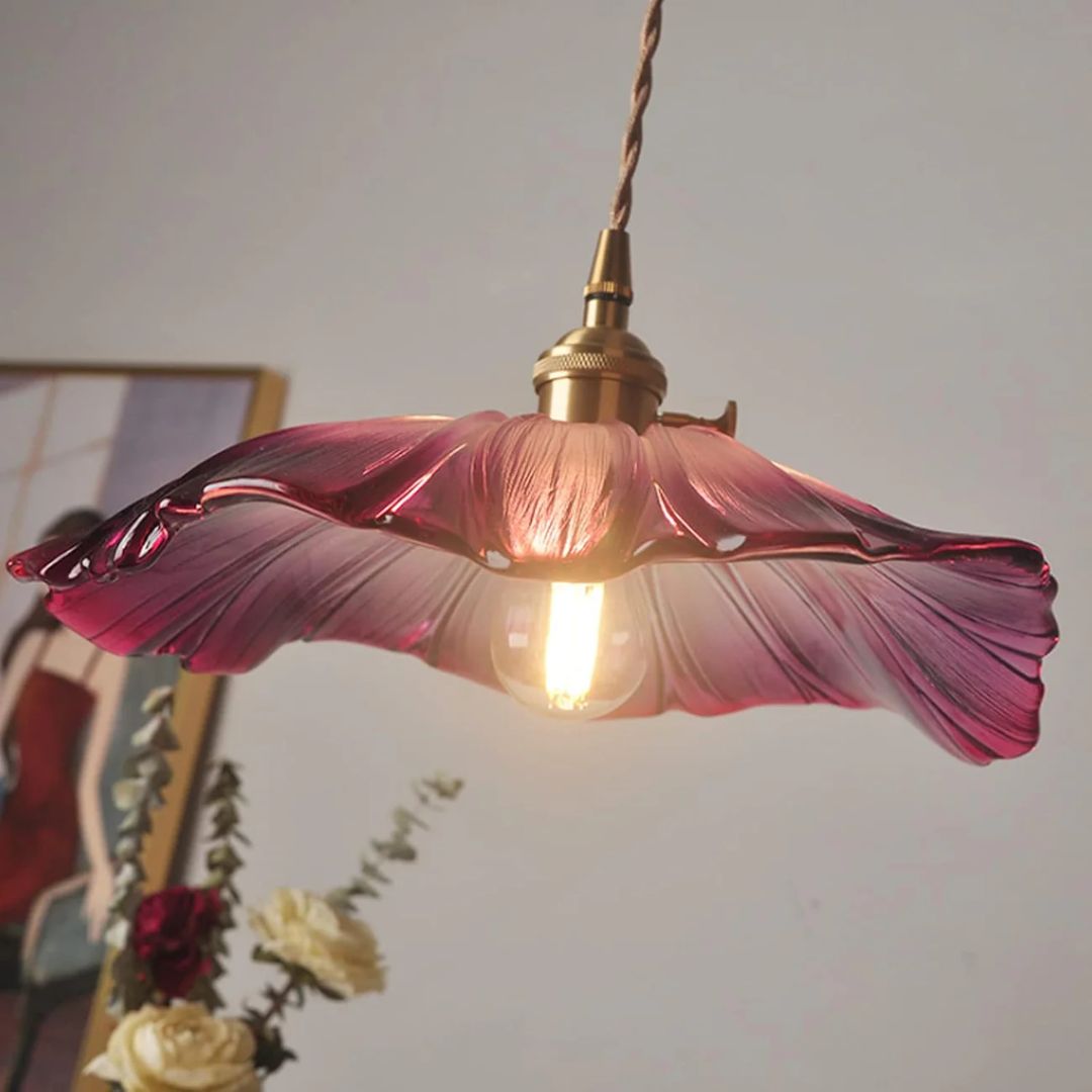 Ceiling Lamp – Deep Red Glass, Flower Shape for Dining Table or Living Room Decoration