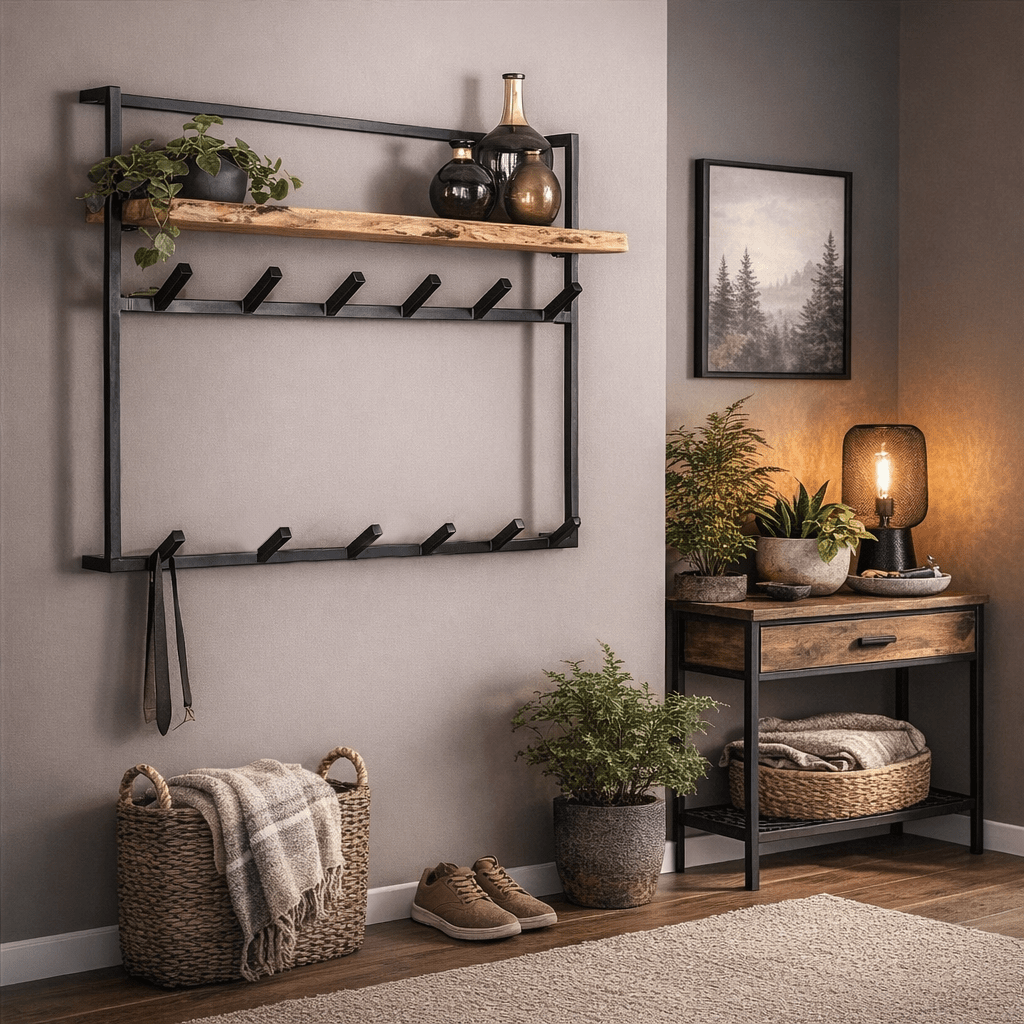 Industrial-Style Wall Coat Rack – Solid Acacia Wood with Black Metal Hooks for the Entryway or Living Room
