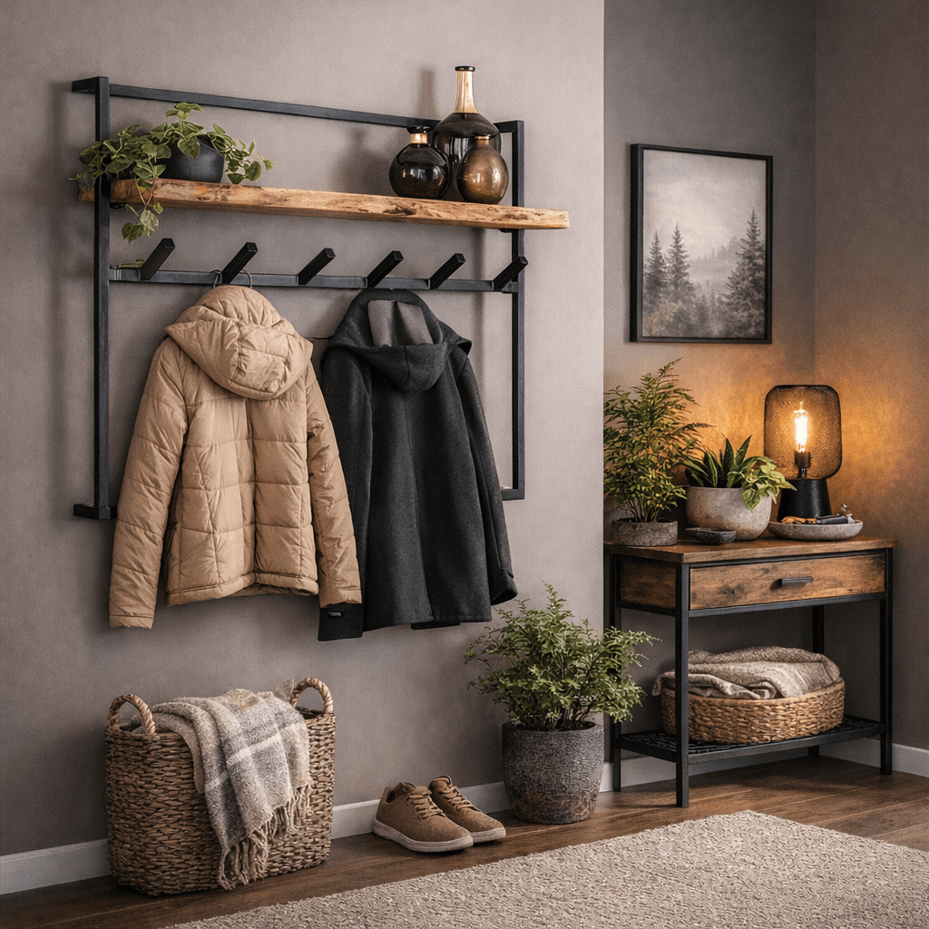 Industrial-Style Wall Coat Rack – Solid Acacia Wood with Black Metal Hooks for the Entryway or Living Room