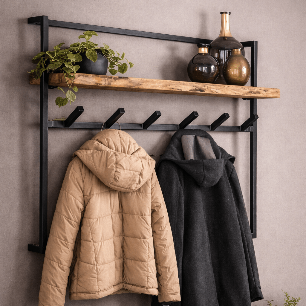 Industrial-Style Wall Coat Rack – Solid Acacia Wood with Black Metal Hooks for the Entryway or Living Room