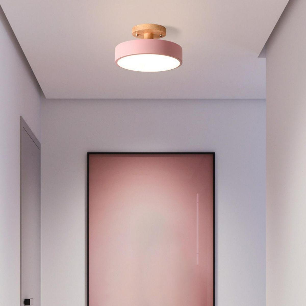 Loftlampe Skandinavisk Stil med Trædetalje og Pastelfarvet Skærm