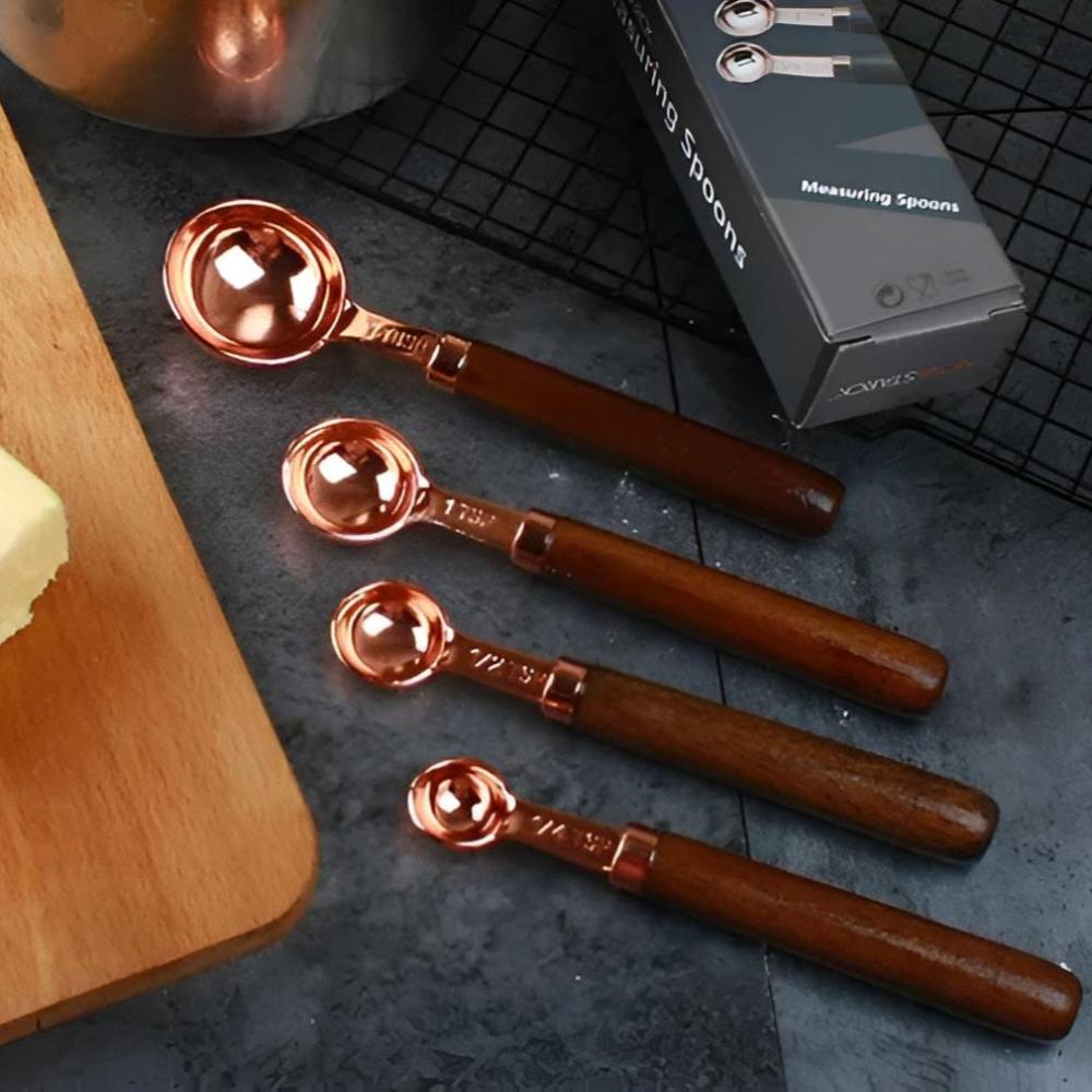 Copper Measuring Set – Stainless Steel with Copper Finish and Walnut Wood Handle for Kitchen or Baking