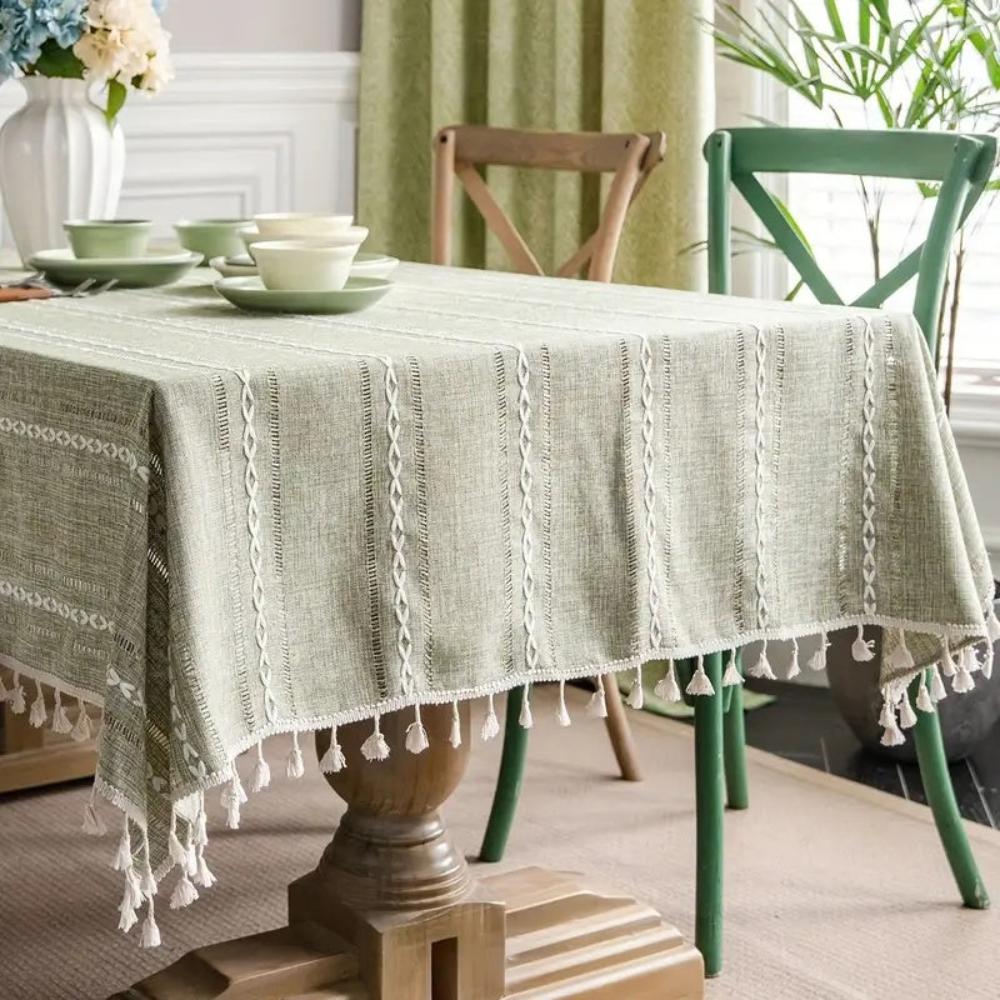 Cotton and Linen Tablecloth – Beige with Striped Design and Embroidery for Dining Table or Outdoor Parties