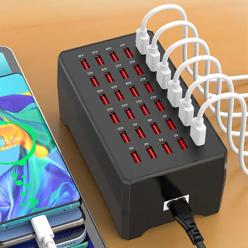 USB Charging Station – Black, Compact Design for Home or Office with 30 Ports