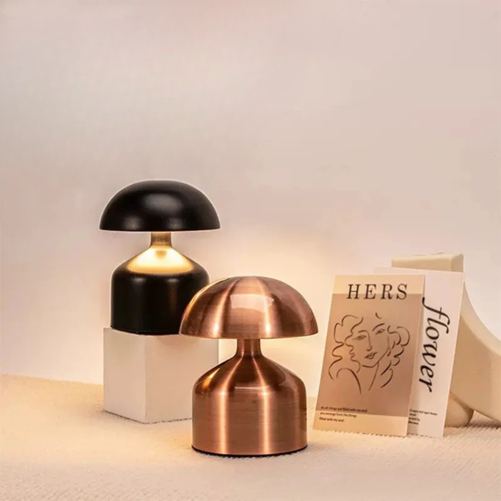 Rechargeable Table Lamp – Retro Mushroom Shape, Metal Finish for Bedroom or Living Room