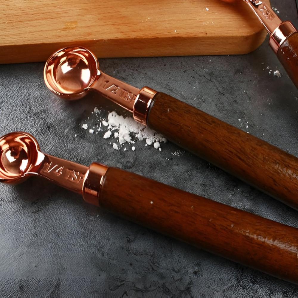 Copper Measuring Set – Stainless Steel with Copper Finish and Walnut Wood Handle for Kitchen or Baking