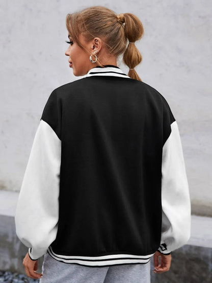 Women's Varsity Bomber Jacket - Black, College Jack with Letter Print, Casual Streetwear