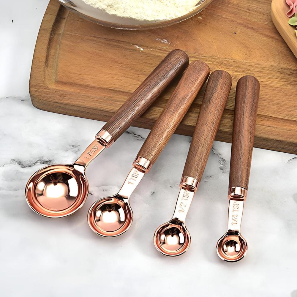 Copper Measuring Set – Stainless Steel with Copper Finish and Walnut Wood Handle for Kitchen or Baking