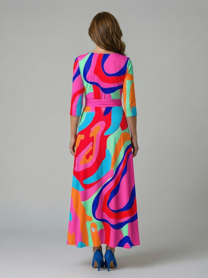 Dame Midikjole med Wrap-Hals og Blomsterprint