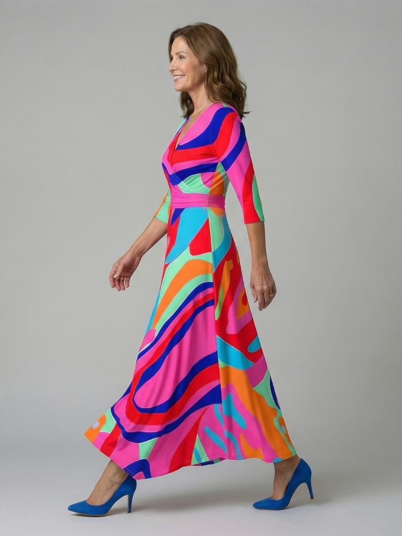 Dame Midikjole med Wrap-Hals og Blomsterprint