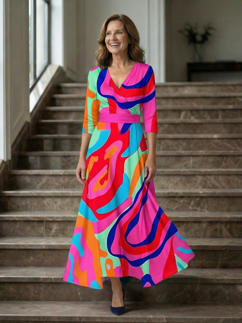 Dame Midikjole med Wrap-Hals og Blomsterprint