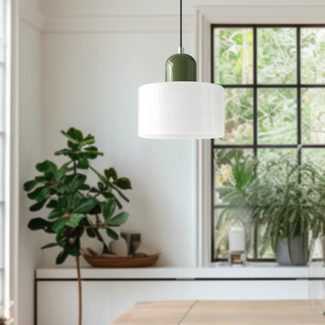 Retro Pendant Light – Dark Green and Orange Glass for a Dining Table or Reading Nook with Adjustable Hanging Length