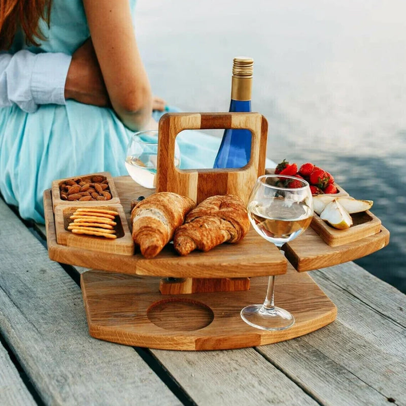 Picnicbord i Træ – Kompakt Vinbakke til Have, Altan og Udendørs Brug