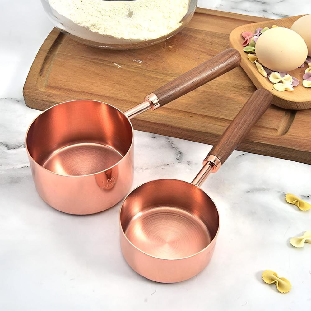 Copper Measuring Set – Stainless Steel with Copper Finish and Walnut Wood Handle for Kitchen or Baking