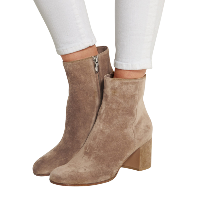 Dames Blokhak Enkellaarsjes – Beige Suède, Handgemaakt, Herfst/Winter
