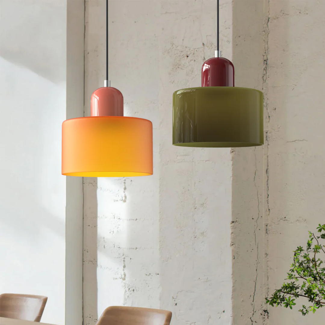 Retro Pendant Light – Dark Green and Orange Glass for a Dining Table or Reading Nook with Adjustable Hanging Length