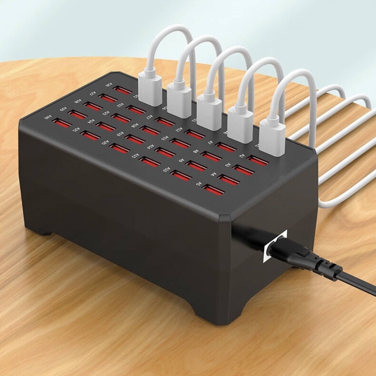 USB Charging Station – Black, Compact Design for Home or Office with 30 Ports