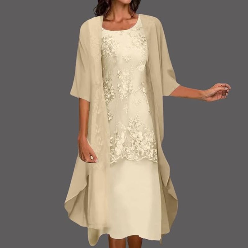 Dame Blondekjole i Midilængde med Chiffon Cardigan – Festsæt