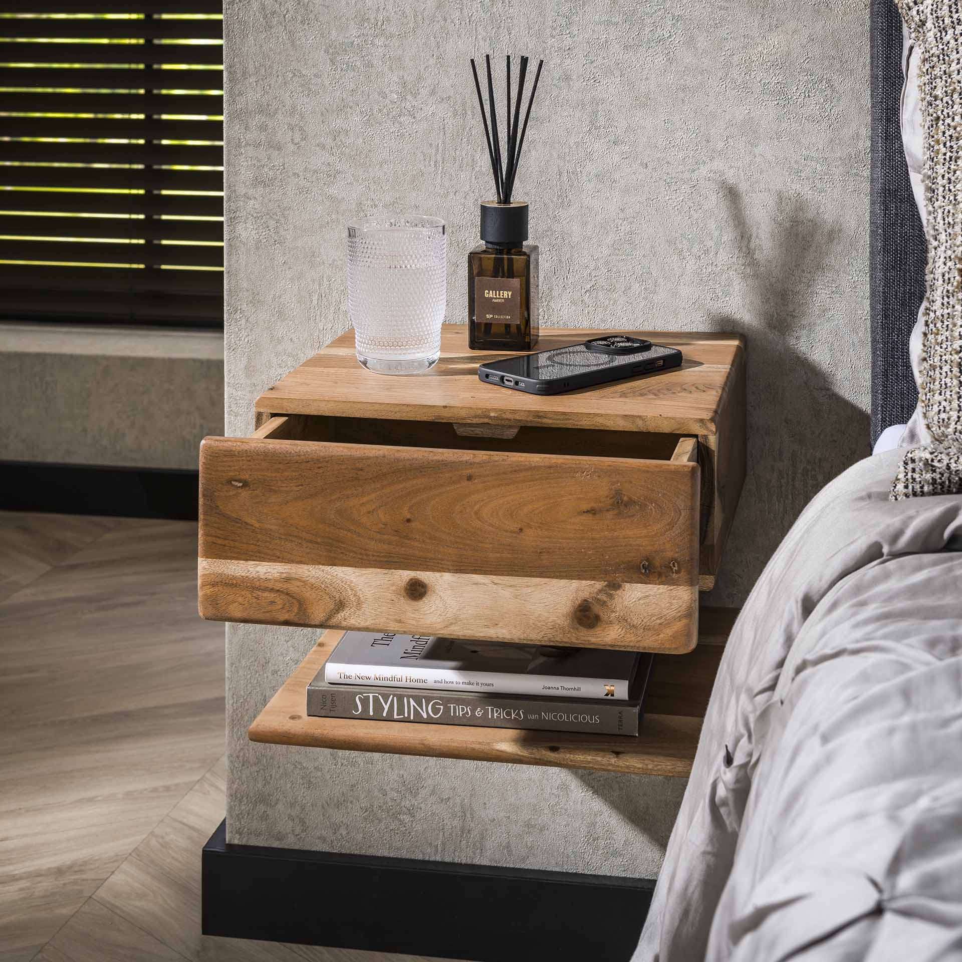 Floating Nightstand – Solid Acacia Wood, Natural Color with drawer and Open Shelf for Bedroom Decor