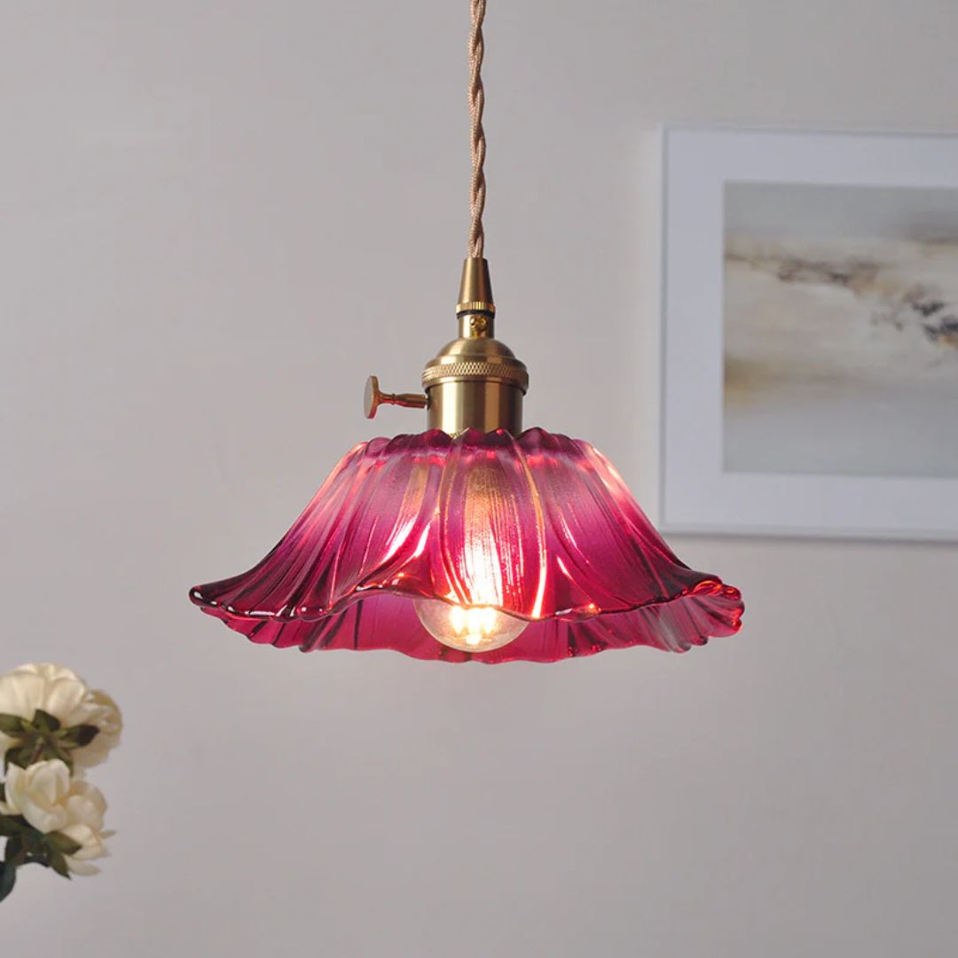 Ceiling Lamp – Deep Red Glass, Flower Shape for Dining Table or Living Room Decoration