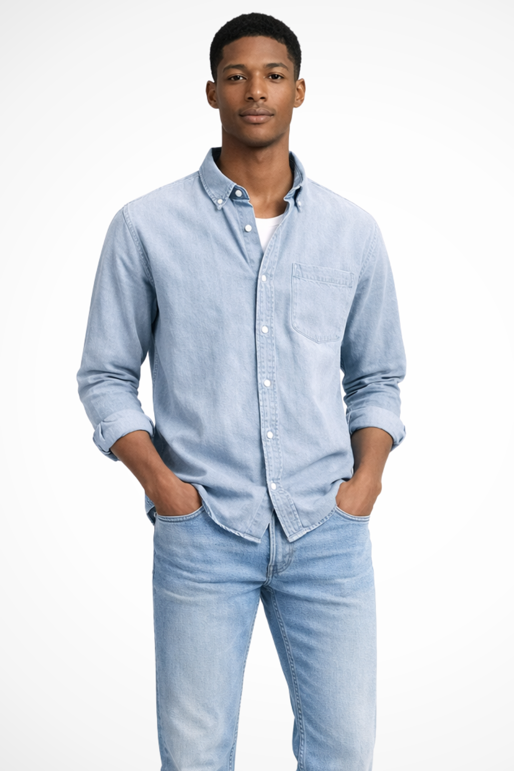 Herreskjorte i Denim – Langærmet med Knapper og Brystlomme
