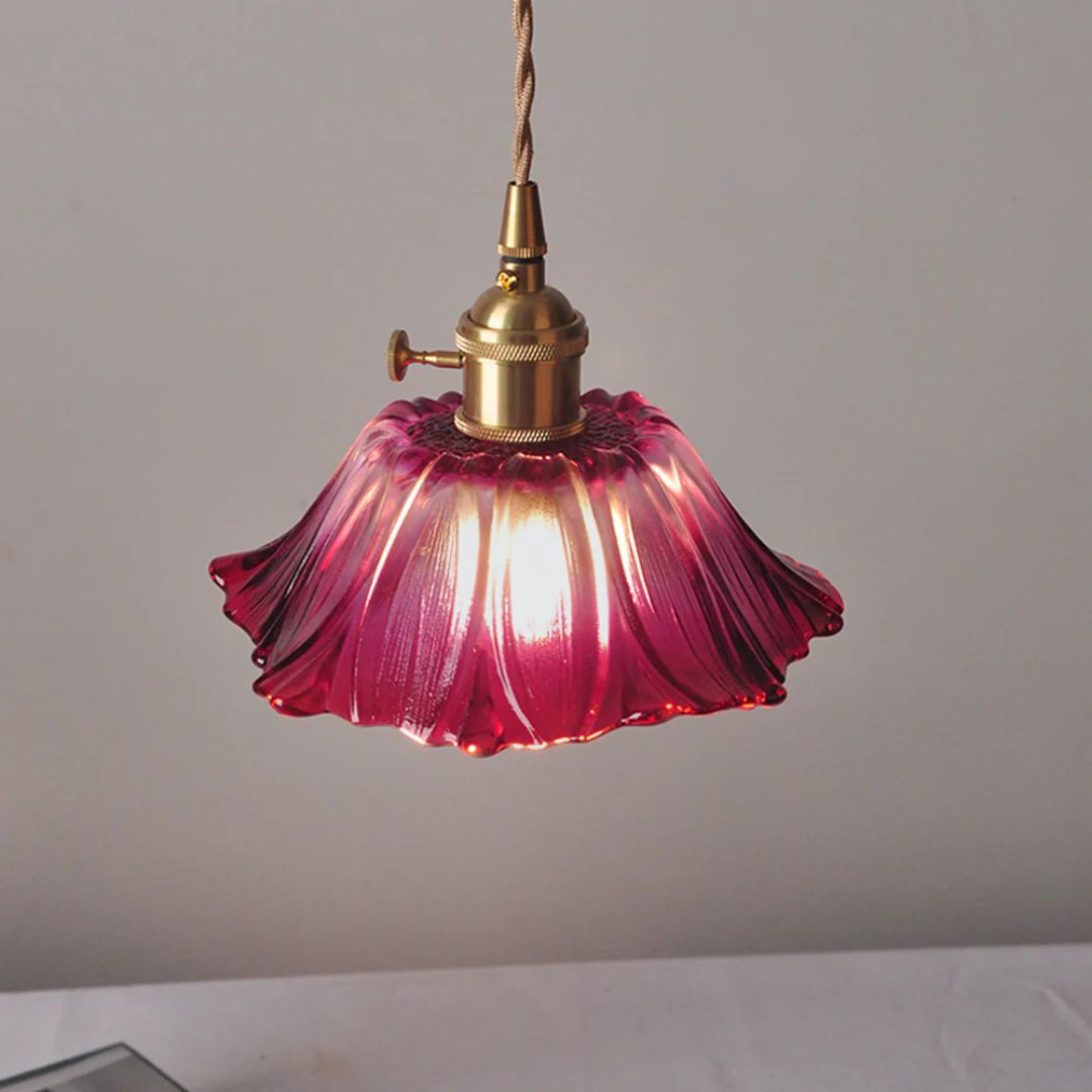Ceiling Lamp – Deep Red Glass, Flower Shape for Dining Table or Living Room Decoration