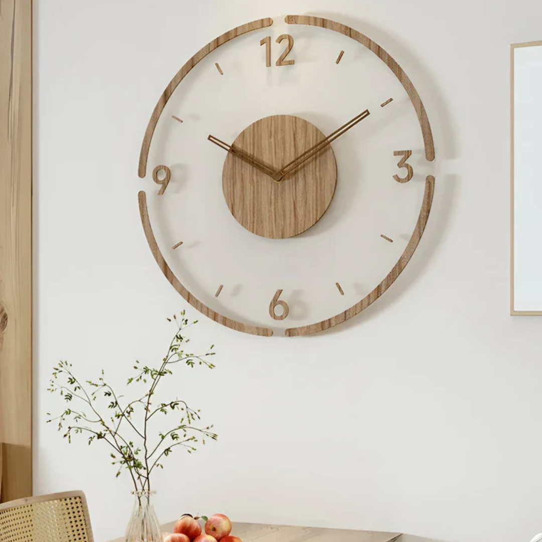 Modern wall clock – clear acrylic and wood, simple design for living room or office