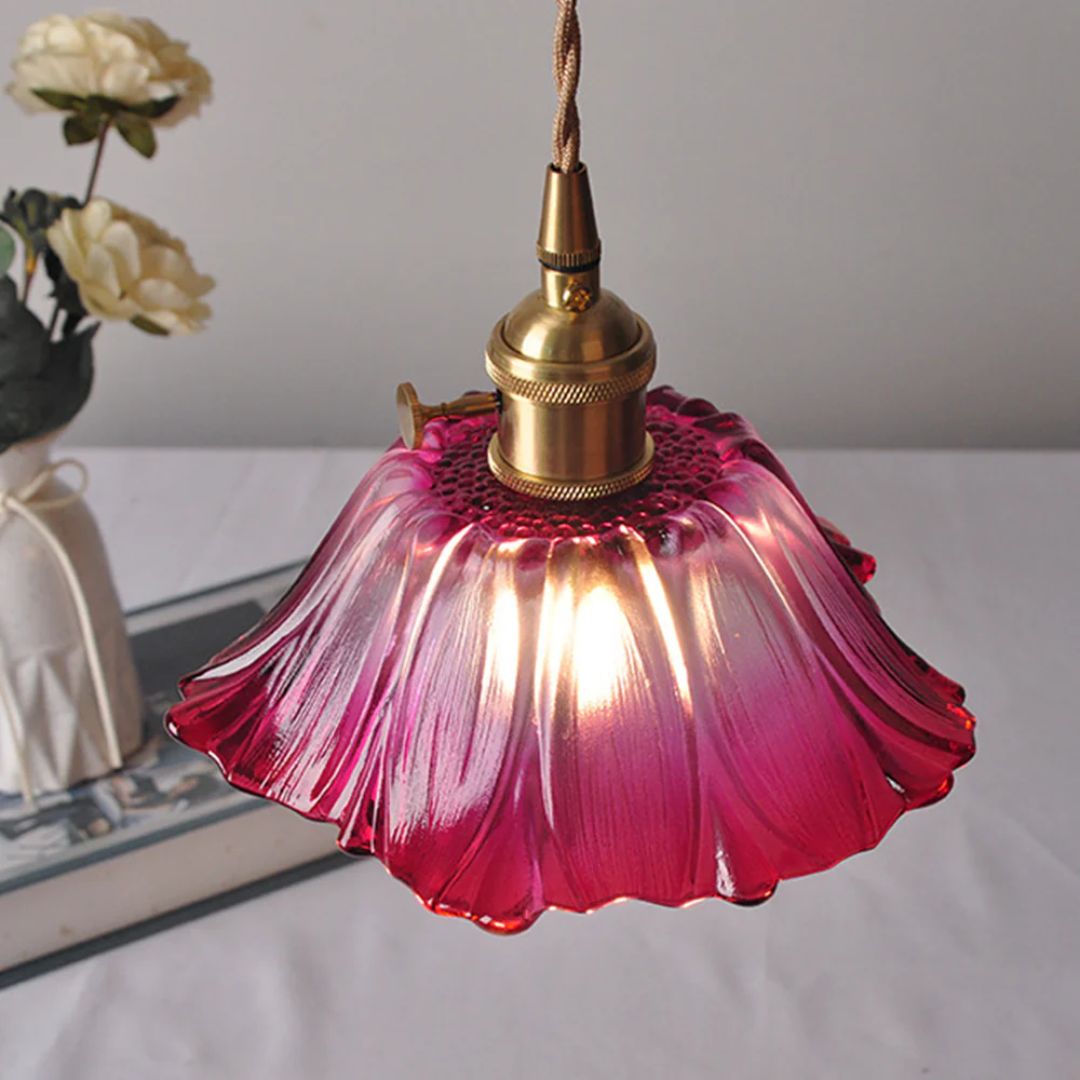 Ceiling Lamp – Deep Red Glass, Flower Shape for Dining Table or Living Room Decoration