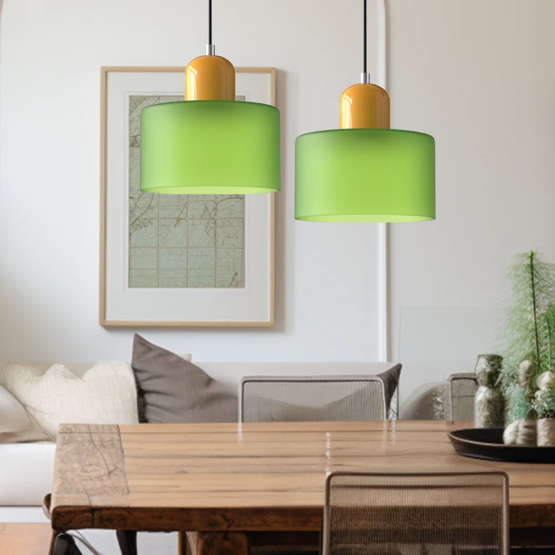 Retro Pendant Light – Dark Green and Orange Glass for a Dining Table or Reading Nook with Adjustable Hanging Length