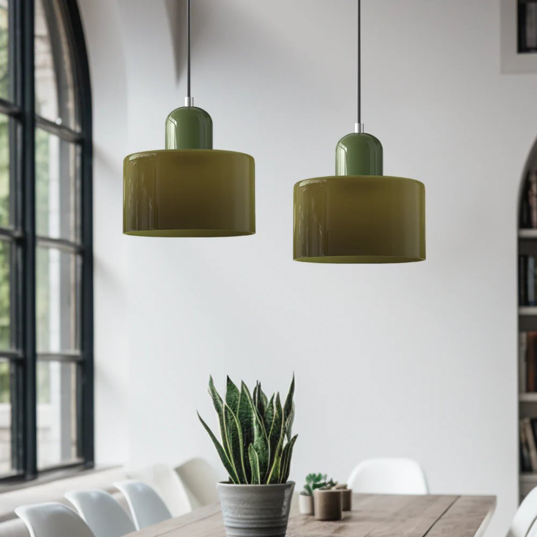 Retro Pendant Light – Dark Green and Orange Glass for a Dining Table or Reading Nook with Adjustable Hanging Length